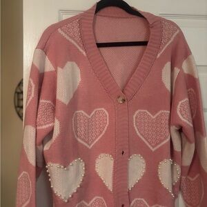 SHEIN Pink Heart Cardigan with Pearl Accents